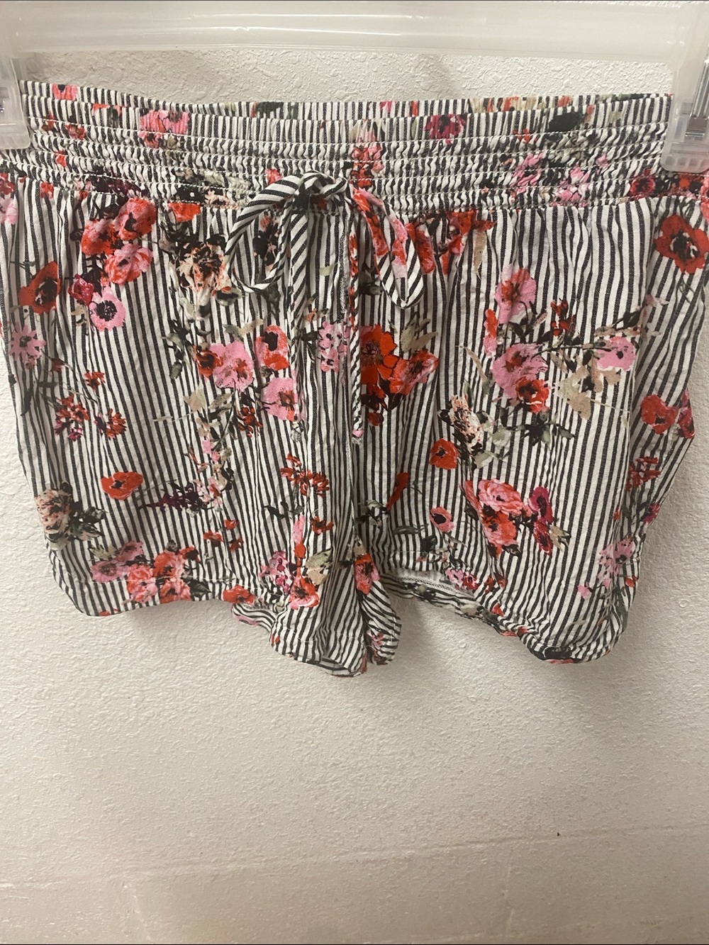 Joe B Black & White Striped High-Waist Shorts with Pink & Red Floral Print